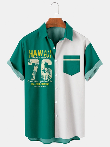 

Resort Style Hawaiian Series Coconut Tree Element Lapel Short-Sleeved Shirt Print Top, Green, Men's Floral shirt