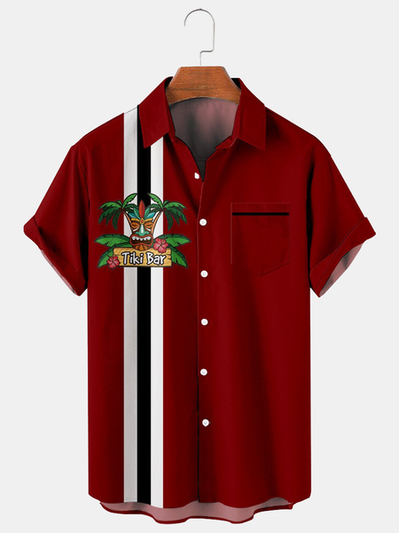 

Resort Style Hawaiian Series Geometric Striped Coconut Tree Element Lapel Short-Sleeved Shirt Print Top, Red, Men's Floral shirt