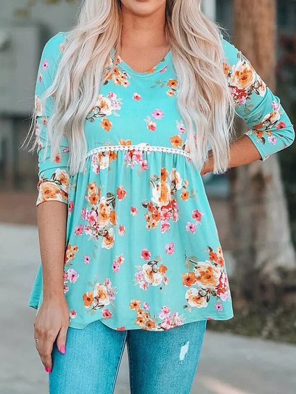 

Loosen Floral Casual Long Sleeve Tops, Green, Long sleeve tops