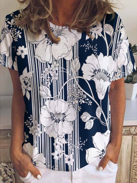 

Blue And White Flower Women's Short Sleeve T-Shirt, As picture, T-shirts
