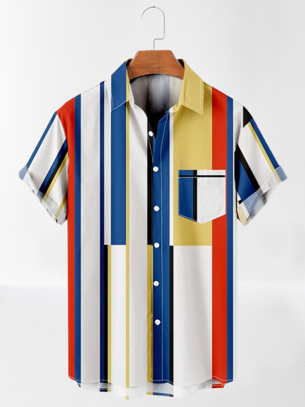 

Mens Colorful Striped Print Loose Chest Pocket Short Sleeve Hawaiian Shirts, White, Men's Floral shirt