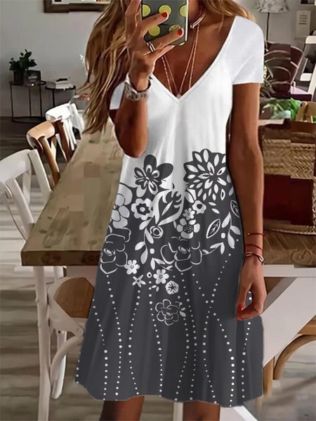 

Floral V neck Casual Short Sleeve Knit Dress, White, Mini Dresses