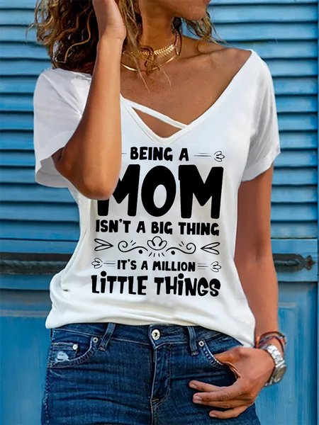 

Mother's Day Print Casual Vacation Short Sleeve V-neck T-Shirt, White, T-Shirts