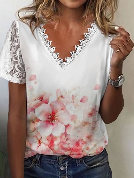 

Casual V Neck Loosen Short Sleeve T-Shirt, White, T-Shirts