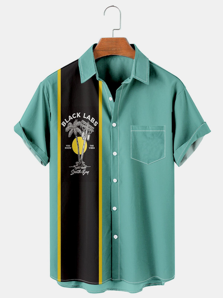 Resort Style Hawaiian Striped Geometric And Coconut Tree Elements Lapel Short Sleeve Shirt Print Top, Green, Men's Floral shirt