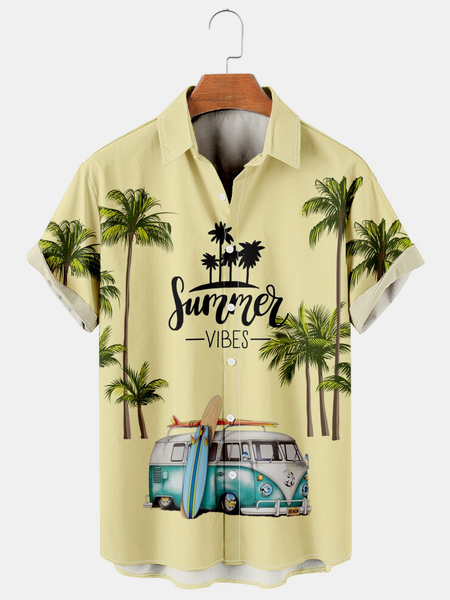 

Resort Style Hawaiian Series Car And Coconut Tree Elements Lapel Short-Sleeved Shirt Print Top, Yellow, Men's Floral shirt