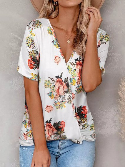 

Loosen Cross V Neck Floral Short Sleeve T-Shirt, White, Tunics