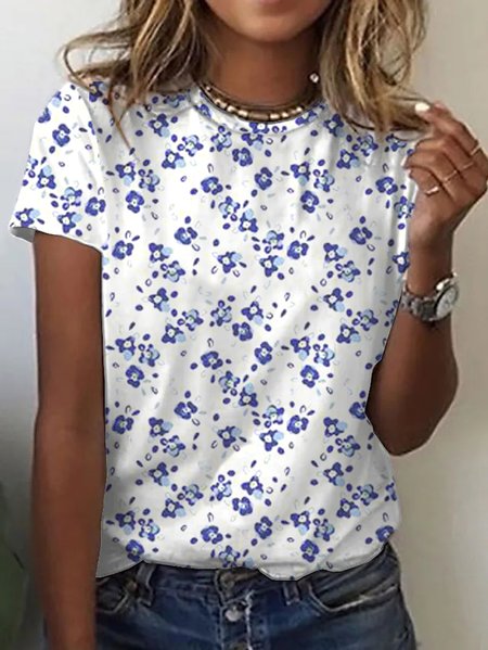 

Loosen Floral Crew Neck Short Sleeve T-Shirt, White, T-Shirts