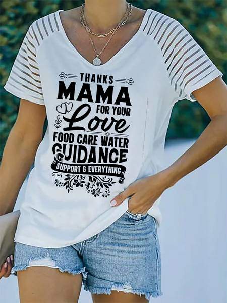 Mother’s Day Letter Print V Neck Vacation Casual Raglan Sleeve T-Shirt, White, T-Shirts