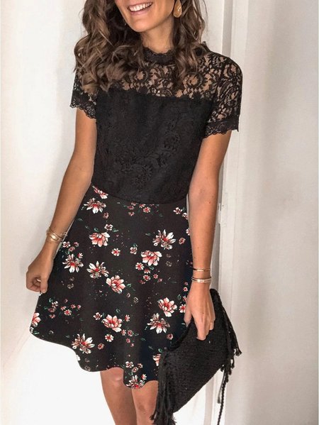 

Floral Lace Crew Neck Loosen Short Sleeve Knit Dress, Black, Dresses
