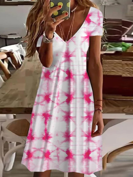 

V neck Tie Dye Regular Fit Vacation Short Sleeve Knit Dress, Red, Dresses