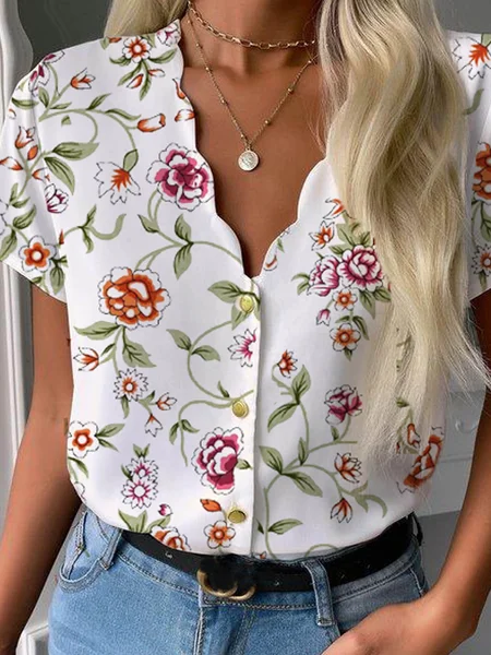 

Romantic Floral Casual Loosen V Neck Short Sleeve Blouse, Flower, Blouses & Shirts
