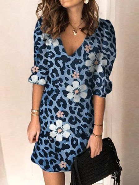 

Vacation Loosen Leopard V Neck Floral Short Sleeve Woven Dress, Blue, Dresses