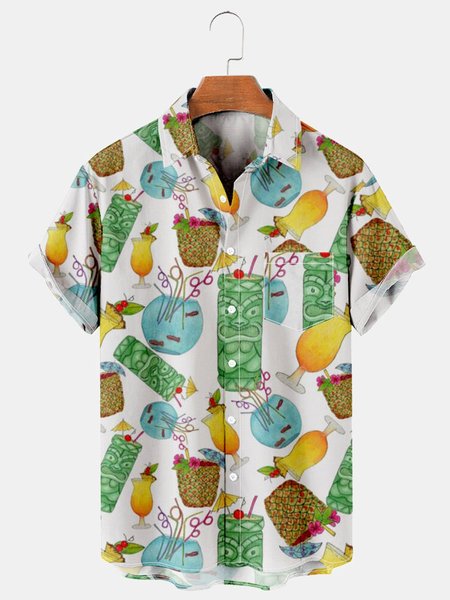 

Mens Beach Print Casual Breathable Hawaiian Short Sleeve Shirt, White, Men's Floral shirt