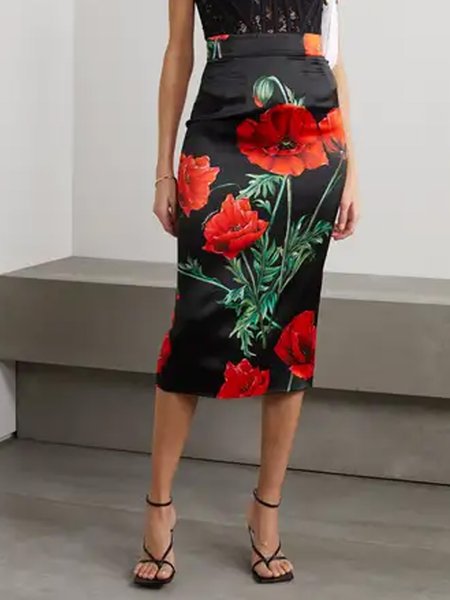 

Floral Simple Knee Skirt, Black, Midi Dresses