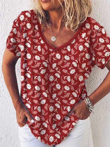 

Floral Loosen V Neck Short Sleeve T-Shirt, Red, T-Shirts