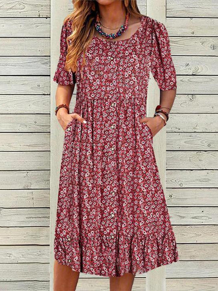 

Vacation Regular Fit Round Neck Floral Short Sleeve Woven Dress, Red, Dresses