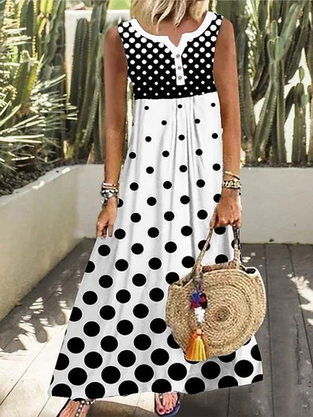 

Color Block Ruched Polka Dots Sleeveless Woven Dress, Black-white, Dresses