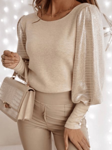 

Spring Elegant Crew Neck Long sleeve Lightweight High Stretch Tops, Apricot, Tees