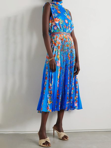 

Stand Collar Floral Vacation Dress, Blue, Maxi Dresses
