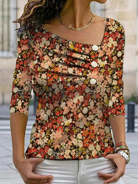 

Floral Casual V Neck Buttoned Three Quarter T-Shirt, Flower, T-Shirts