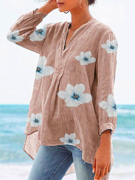 

Floral Long Sleeve V Neck Plus Size Casual Tops, Nudepink, Tops