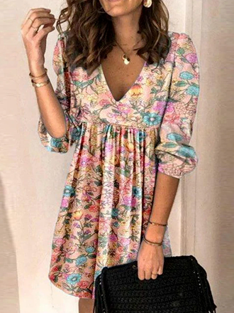 

Loosen Floral Cotton Blends Long Sleeve Woven Dress, Multicolor, Dresses