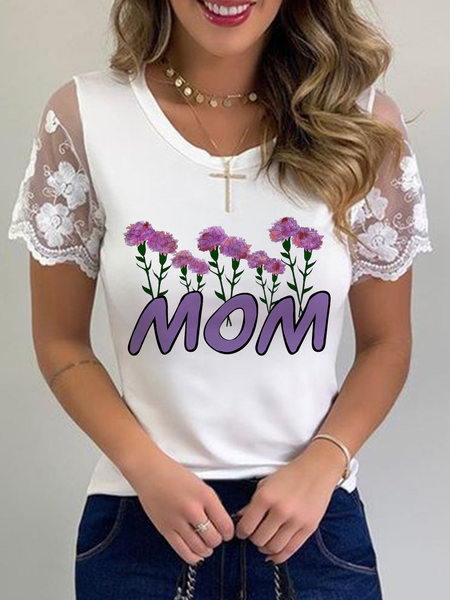 

Mother's Day Letter Floral Printed Casual Lace Short Sleeve Round Neck T-Shirt, White, Tees & T-shirts