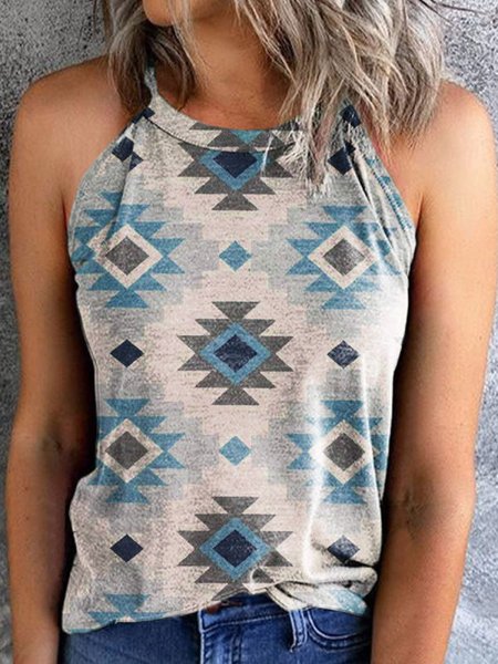 

Geometric Tribal Printed Crew Neck Knit Tank, Blue, Tanks & Camis