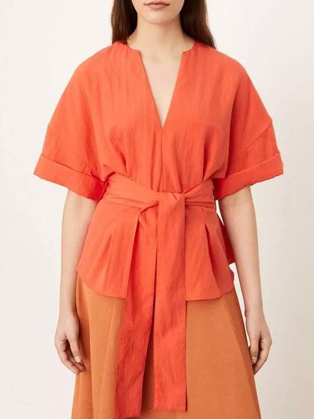 

V Neck Short Sleeve Top With Belt, Orange, Tops