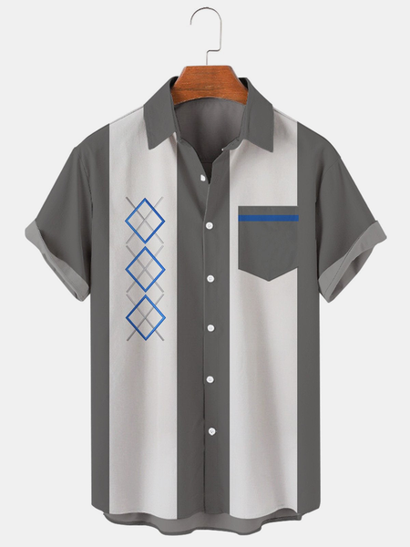 

Casual Art Collection Striped Geometric Lapel Short Sleeve Shirt Print Top, Gray, Men's Floral shirt