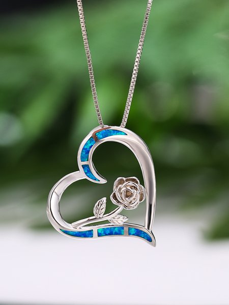 

Opal Heart Rose Necklace, Blue, Necklaces