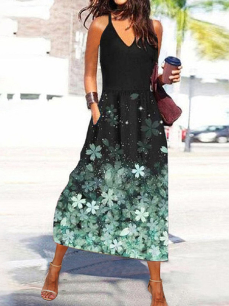 

V Neck Short Sleeve Woven Dress, Black, Midi Dresses