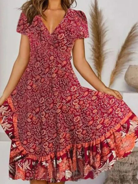 

Vacation Regular Fit Floral Short Sleeve Woven Dress, Red, Dresses