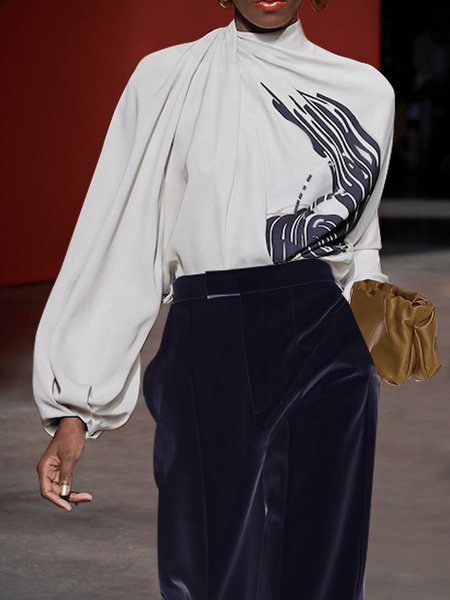 

Spring Stand Collar Long sleeve Stand Collar Asymmetric Tops, Apricot, Blouses and Shirts