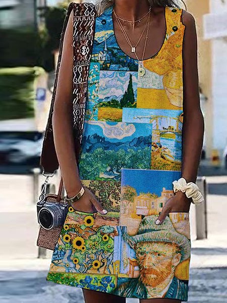 

Abstract Pockets Sleeveless Woven Dress, Multicolor, Dresses