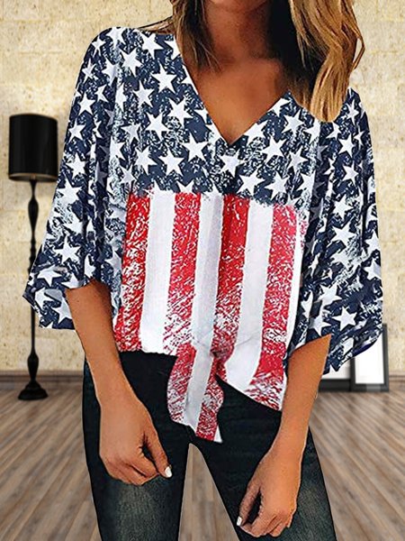 

Star V Neck Loosen Short Sleeve Tops, Blue, T-Shirts