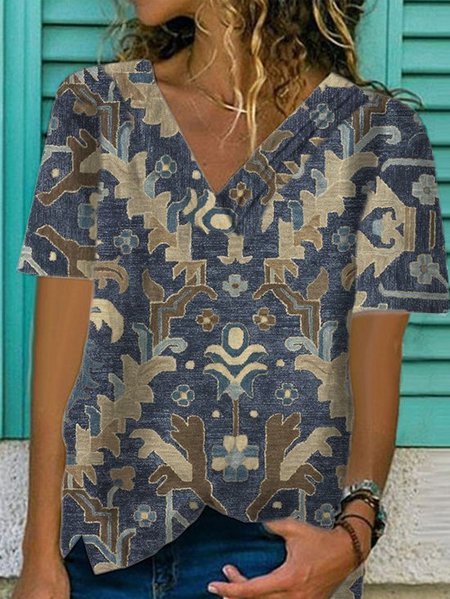 

Casual Short Sleeve Tribal Printed Tops, Purplish blue, T-Shirts