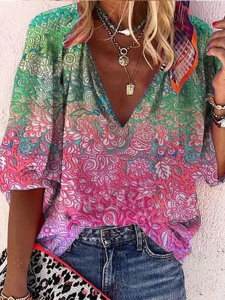 

Loosen Shirt Collar Short Sleeve Blouse, Multicolor, Shirts & Blouses