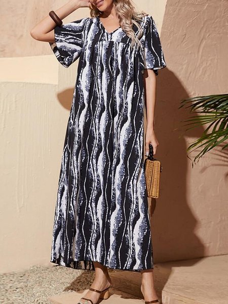 

A-line Casual Cotton Blends V Neck Ombre Short Sleeve Woven Dress, Multicolor, Maxi Dresses
