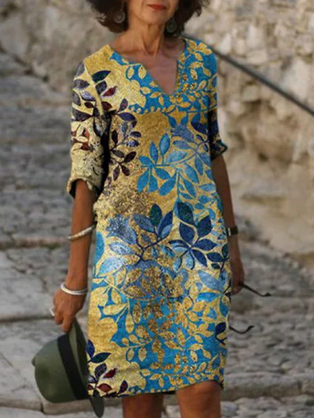 

Casual V Neck Long Sleeve Woven Dress, Multicolor, Midi Dresses