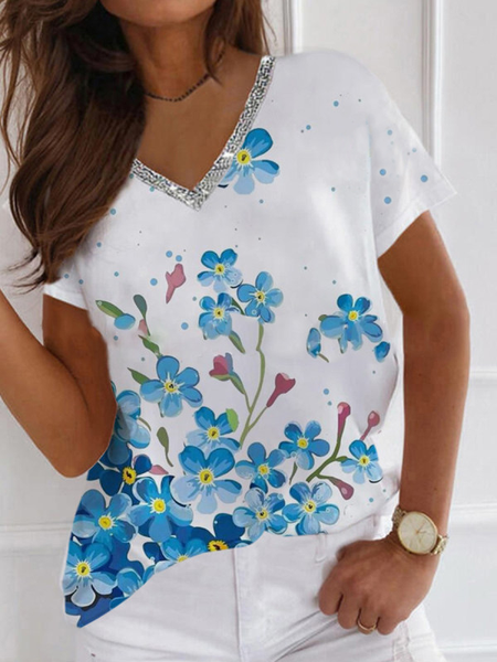 

Casual V Neck Floral Short Sleeve T-Shirt, White, T-Shirts