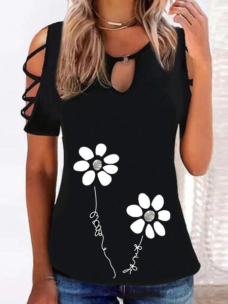 

Casual Floral Short Sleeve Round Neck Plus Size Printed Tops T-shirts, Black, T-Shirts