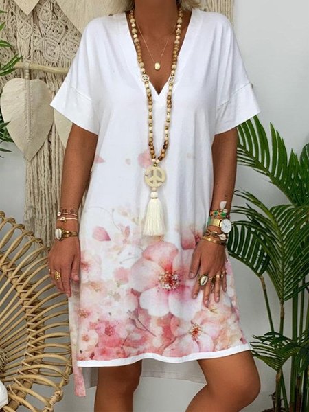 

Cherry blossoms Floral Short Sleeves V Neck Plus Size Casual Dresses, White, Mini Dresses