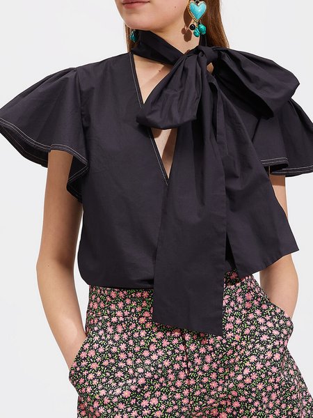 

Tie Neck Regular fit Short Sleeve Top, Purplish blue, Tops