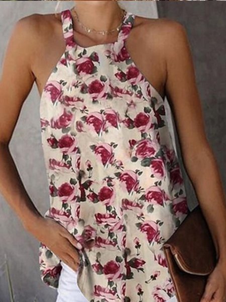 

Loosen Floral Halter Short Sleeve Tops, Multicolor, Tanks & Camis