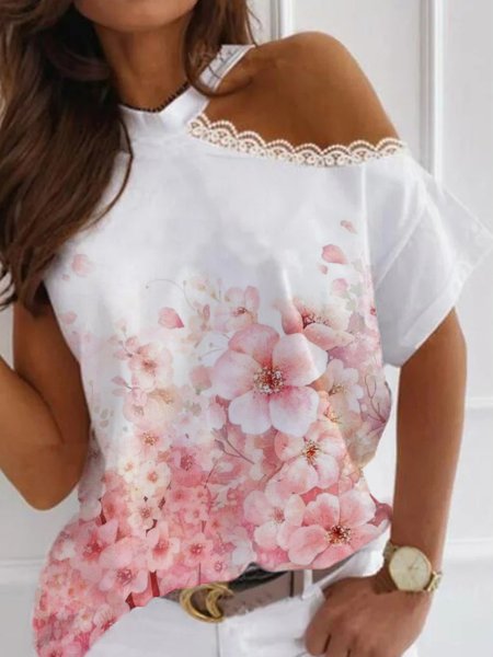 

Casual Loosen Floral Crew Neck Short Sleeve T-Shirt, White, T-Shirts