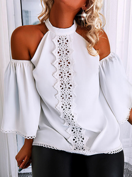 

Halter Lace Loosen Long Sleeve Tops, White, Shirts & Blouses