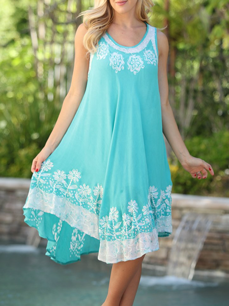 

Mint & White Print Sleeveless Resort Beach Dress Floral U-Neck Casual Short Sleeve Knit Dress, Midi Dresses