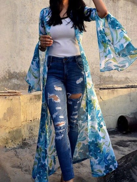 

Loosen Floral Collarless Long Daliy Cardigan, Blue, Kimonos